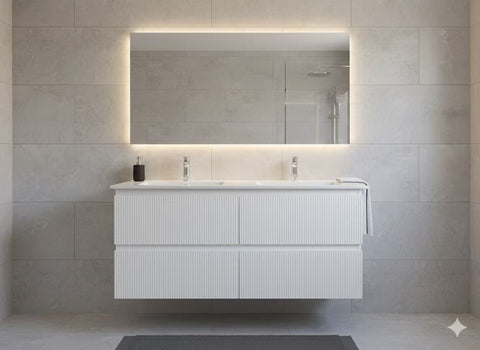 PLYWOOD 1200 MATTE WHITE FLUTED WALL VANITY WITH DOUBLE CERAMIC TOP