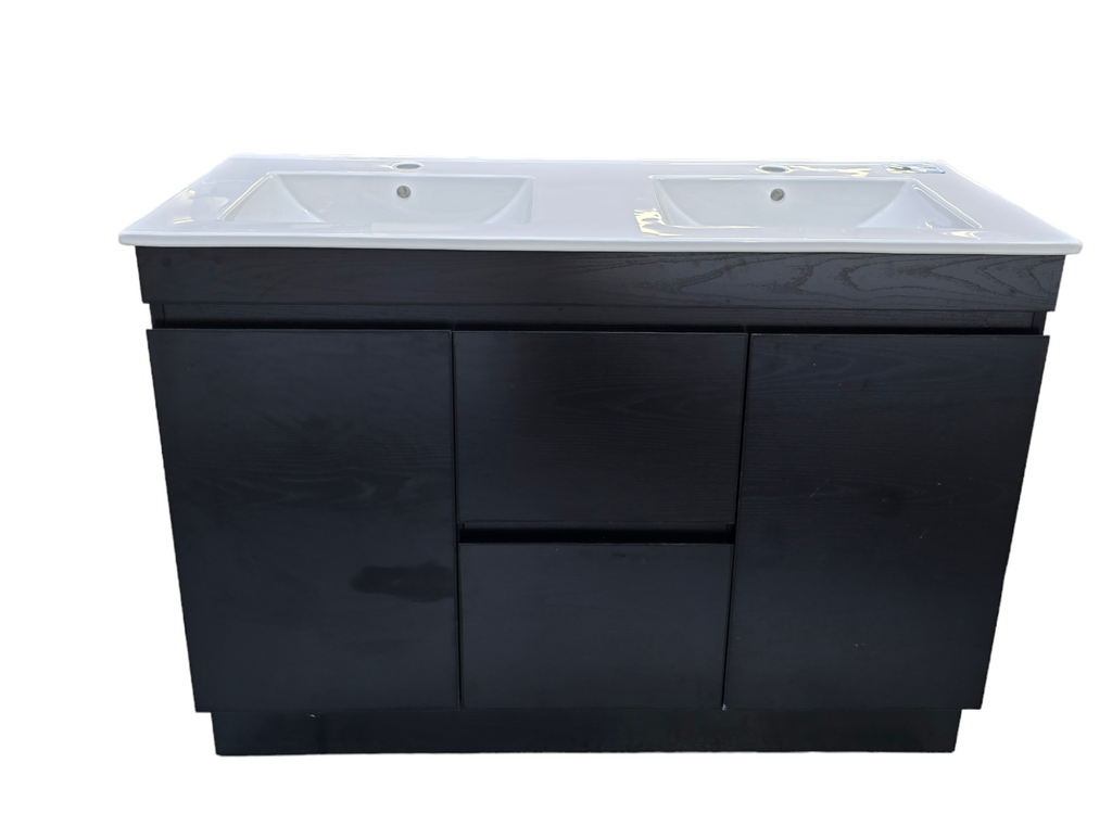PLYWOOD 1200 DARK OAK FLOOR STANDING VANITY 2 DRAWERS 2 DOORS (DOUBLE BASIN) WITH CERAMIC TOP