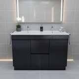 PLYWOOD 1200 DARK OAK FLOOR STANDING VANITY 2 DRAWERS 2 DOORS (DOUBLE BASIN) WITH CERAMIC TOP
