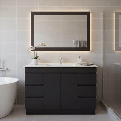 PLYWOOD 1200 DARK OAK VANITY FLOORSTANDING WITH SINGLE BASIN CERAMIC TOP