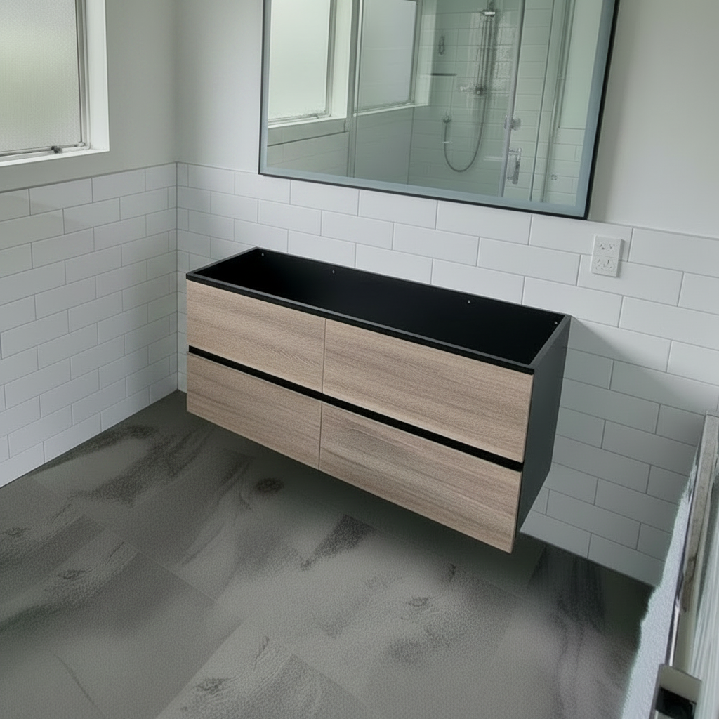 PLYWOOD 1200 NELSON BLACK AND LIGHT OAK WALL HUNG VANITY (DOUBLE BASIN) - BASE ONLY