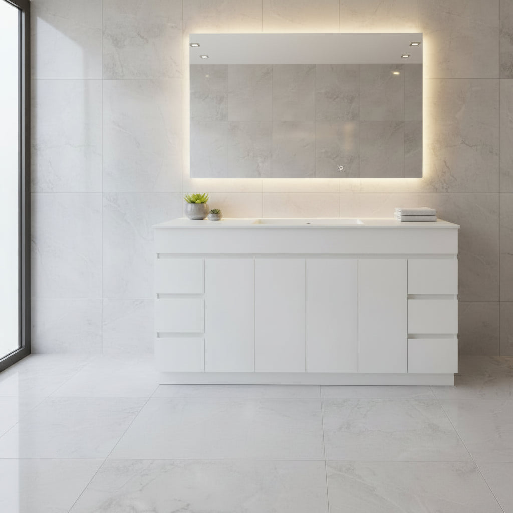 PLYWOOD MADRID 1500 WHITE FLOOR STANDING VANITY (SINGLE BASIN) WITH CERAMIC TOP