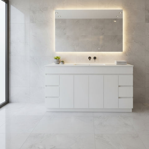 PLYWOOD 1500X460X850MM PLYWOOD FLOOR STANDING VANITY - GLOSS WHITE WITH CERAMICTOP