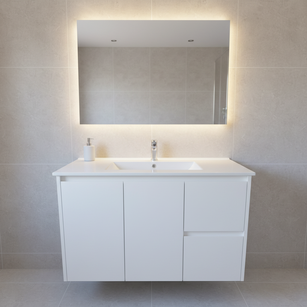 900MM VANITY WHITE GLOSS WALL HUNG BASE & CERAMIC TOP