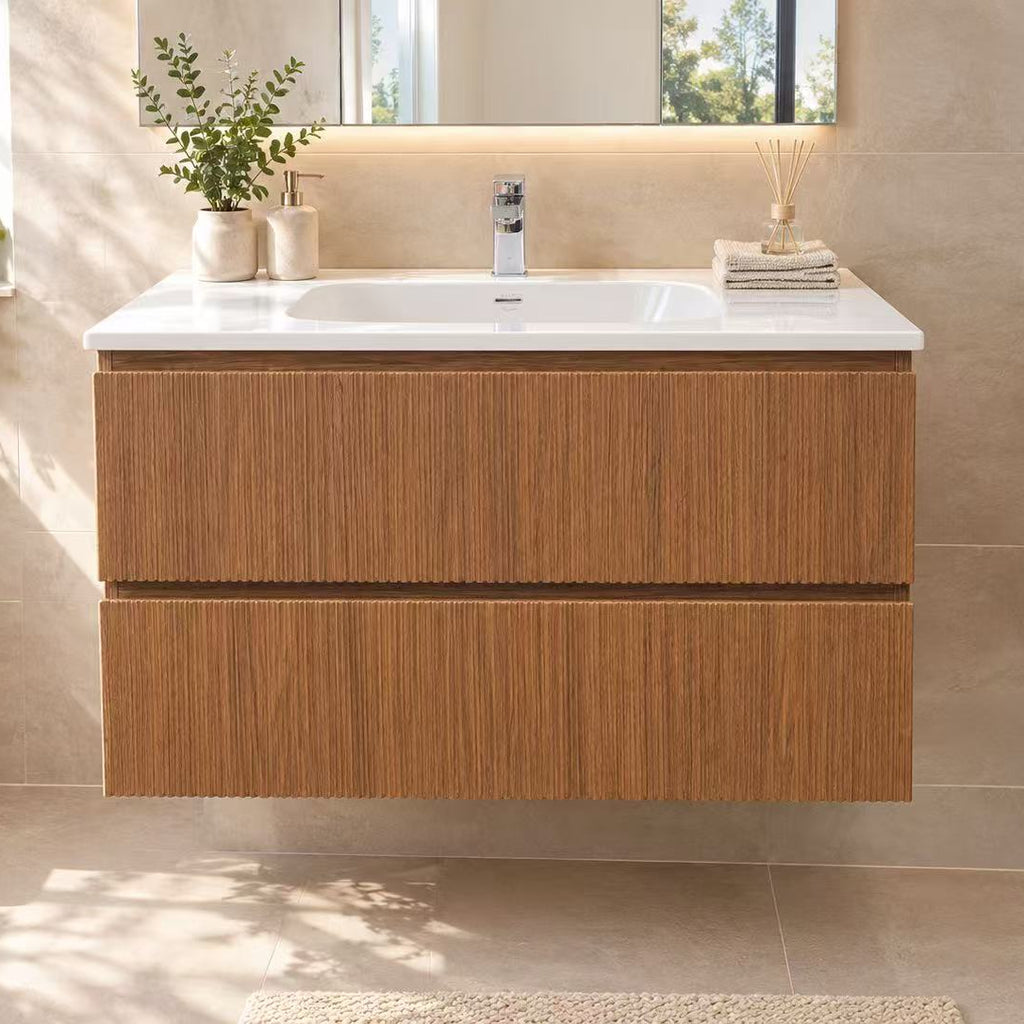 PLYWOOD 900 RIVIERA OAK FLUTED WALL HUNG VANITY WITH CERAMIC TOP