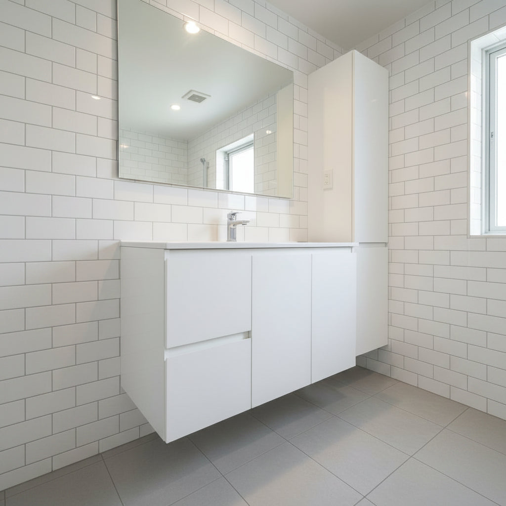 900MM VANITY WHITE GLOSS WALL HUNG BASE & CERAMIC TOP LEFT
