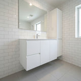 900MM VANITY WHITE GLOSS WALL HUNG BASE & CERAMIC TOP LEFT