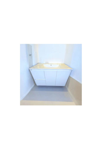 900MM VANITY WHITE GLOSS WALL HUNG BASE & CERAMIC TOP LEFT