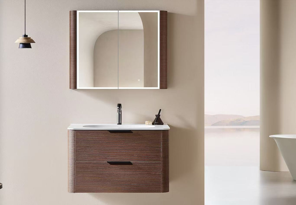 PLYWOOD 750 RIVIERA OAK FLUTED 2 DRAWER WALLHUNG VANITY WITH CERAMIC TOP