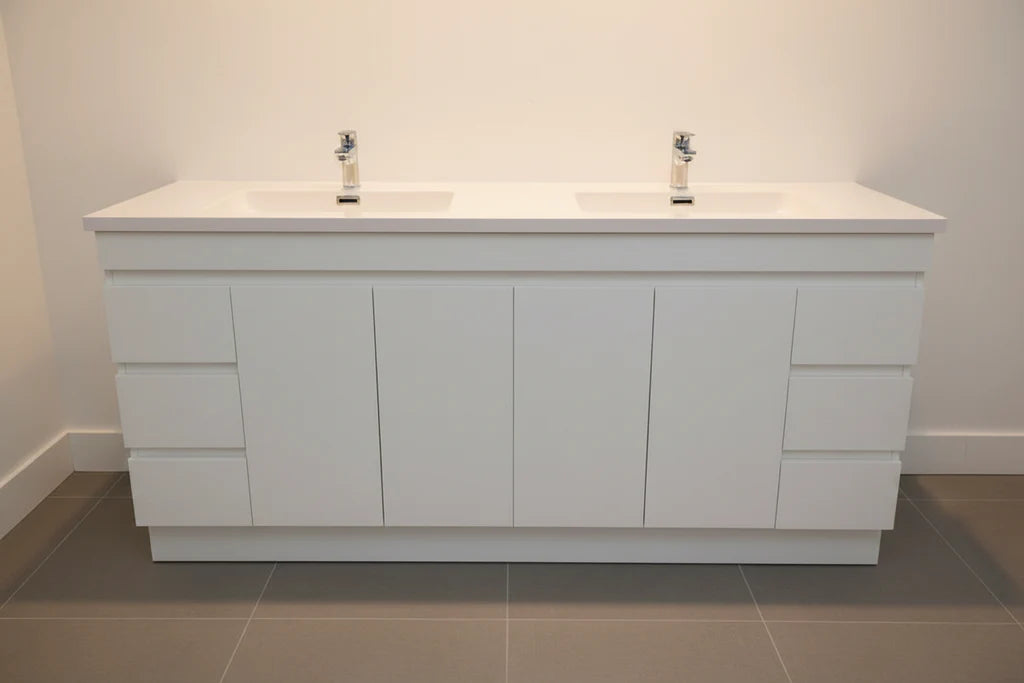 PLYWOOD MADRID 1800 WHITE FLOOR STANDING VANITY (DOUBLE BASIN) WITH POLYMARBLE TOP