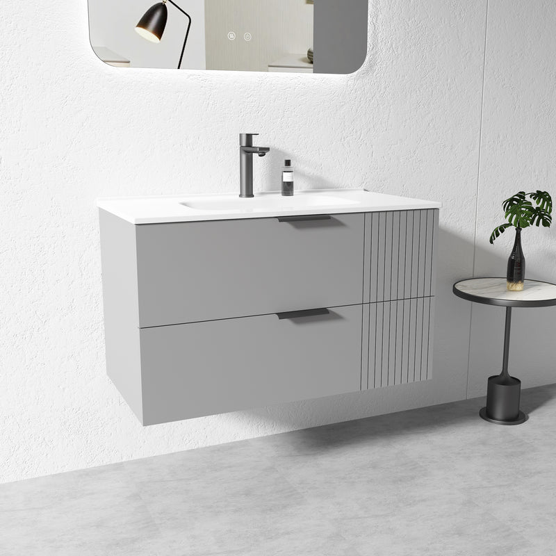 750MM Grey Wall Hung Plywood Vanity with Ceramic Basin