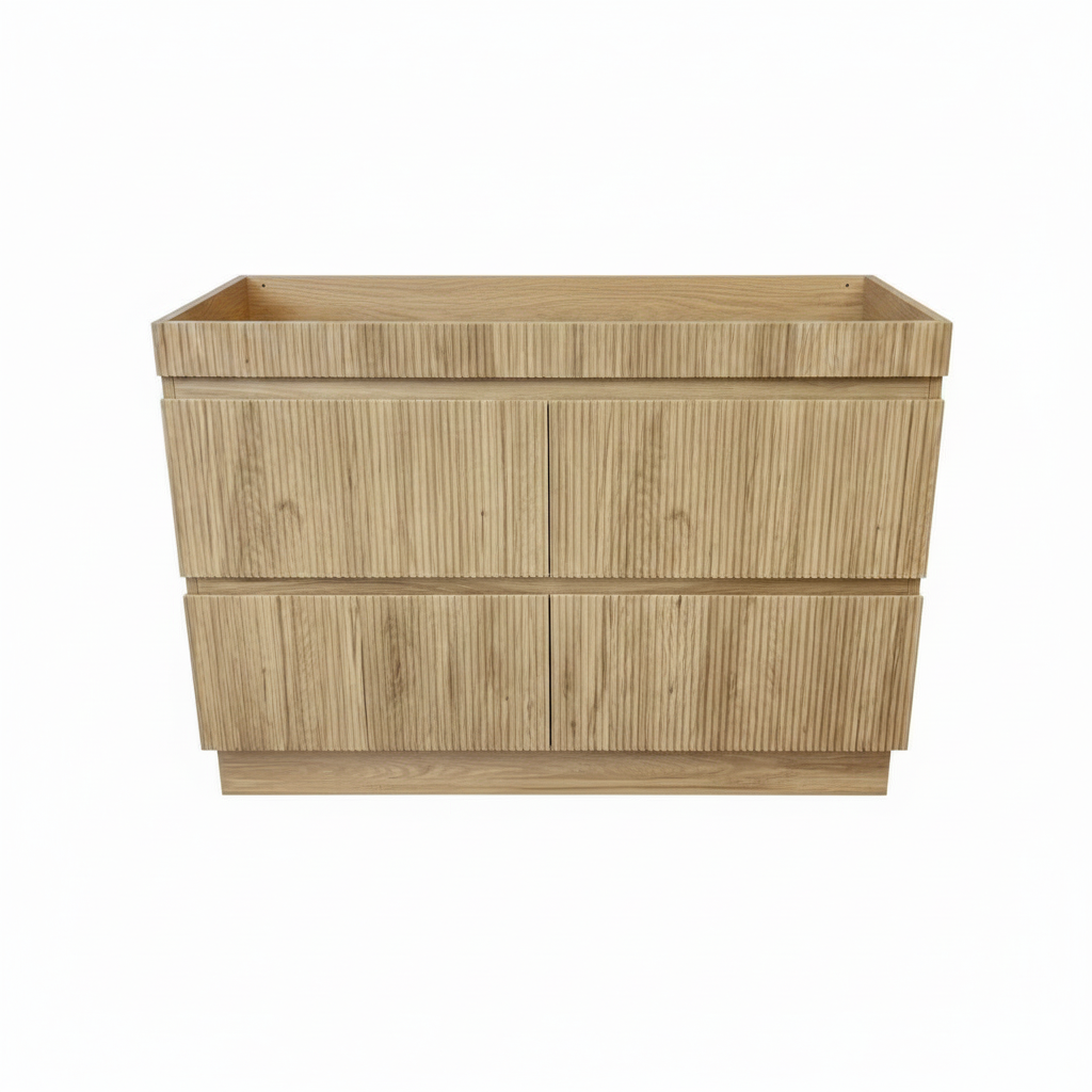 PLYWOOD 1500 WALNUT FLUTED FLOOR STANDING VANITY (DOUBLE BASIN) - BASE ONLY