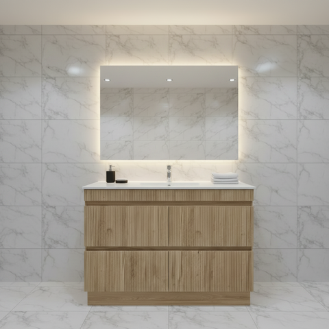 PLYWOOD 1200 WALNUT FLUTED FLOOR STANDING VANITY (SINGLE BASIN) WITH CERAMIC TOP