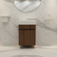 PLYWOOD 400 MAYA FLUTED VANITY RIVIERA OAK WALLHUNG WITH CERAMIC TOP