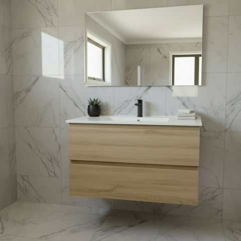 PLYWOOD NELSON 900 LIGHT OAK WALL HUNG VANITY WITH CERAMIC TOP