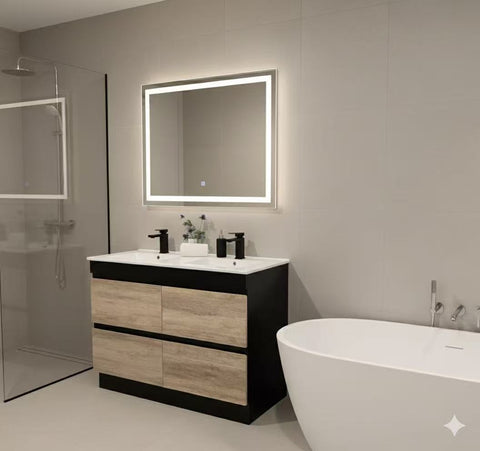 PLYWOOD 1200 FLOOR STANDING BLACK LIGHT OAK VANITY WITH DOUBLE BASIN CERAMIC TOP