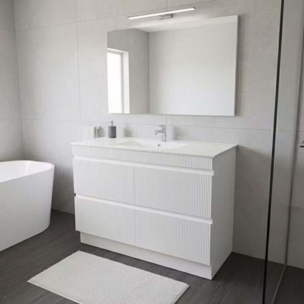 PLYWOOD 1200 MATTE WHITE FLUTED FLOOR STANDING VANITY (SINGLE BASIN) WITH CERAMIC TOP