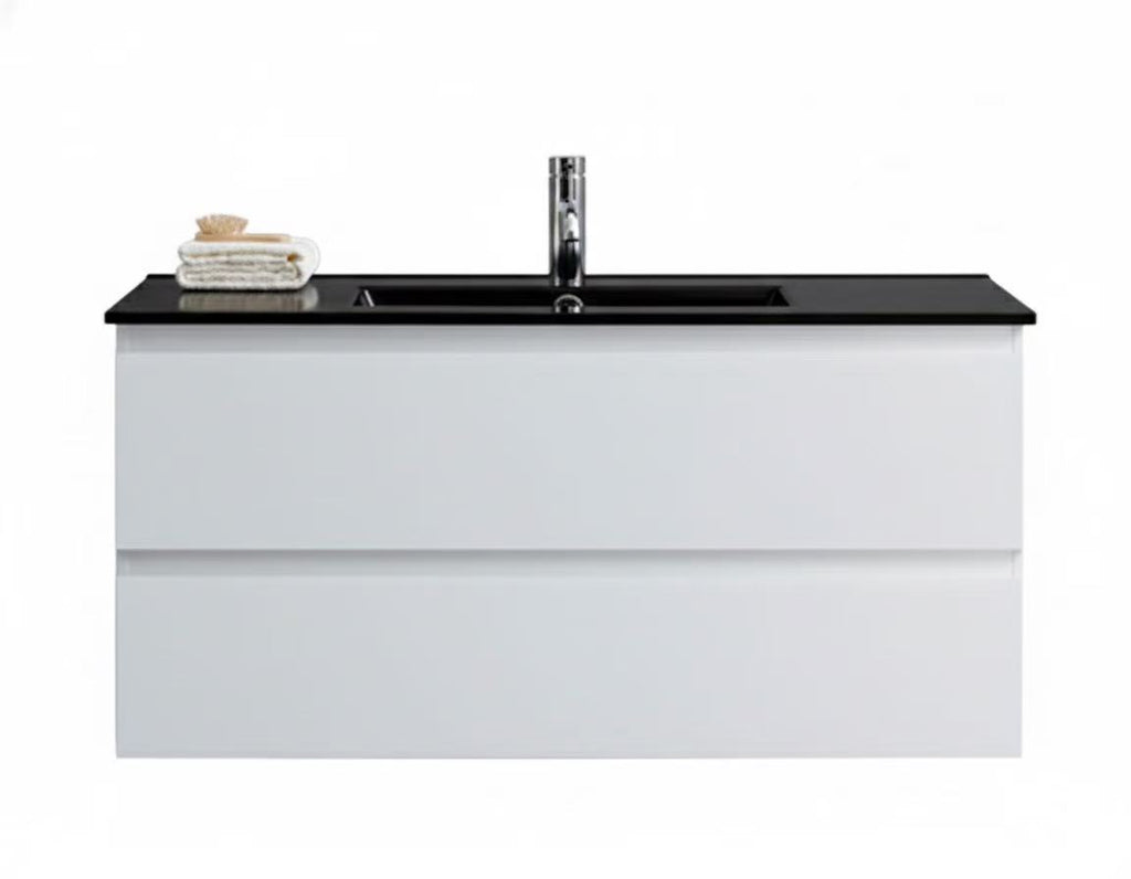 PLYWOOD NELSON 900 WHITE WALL HUNG VANITY WITH BLACK CERAMIC TOP