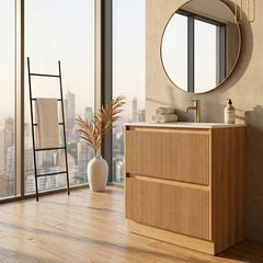 PLYWOOD 900 WALNUT FLUTED FLOOR STANDING VANITY WITH CERAMIC TOP