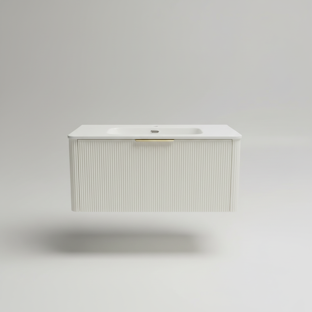PLYWOOD 600 WHITE FLUTED 1 DRAWER WALLHUNG VANITY WITH CERAMIC TOP
