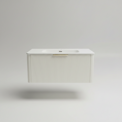 PLYWOOD 900 WHITE FLUTED 1 DRAWER WALLHUNG VANITY WITH CERAMIC TOP