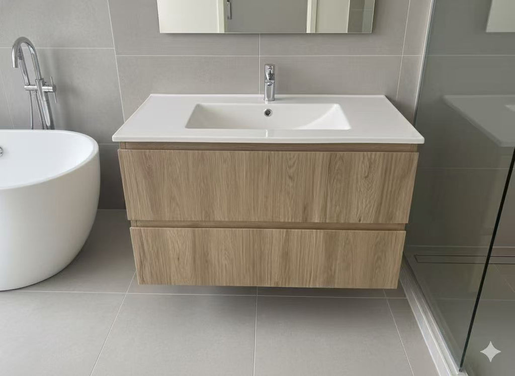 PLYWOOD 900 WALNUT FLUTED WALL HUNG VANITY WITH CERAMIC TOP