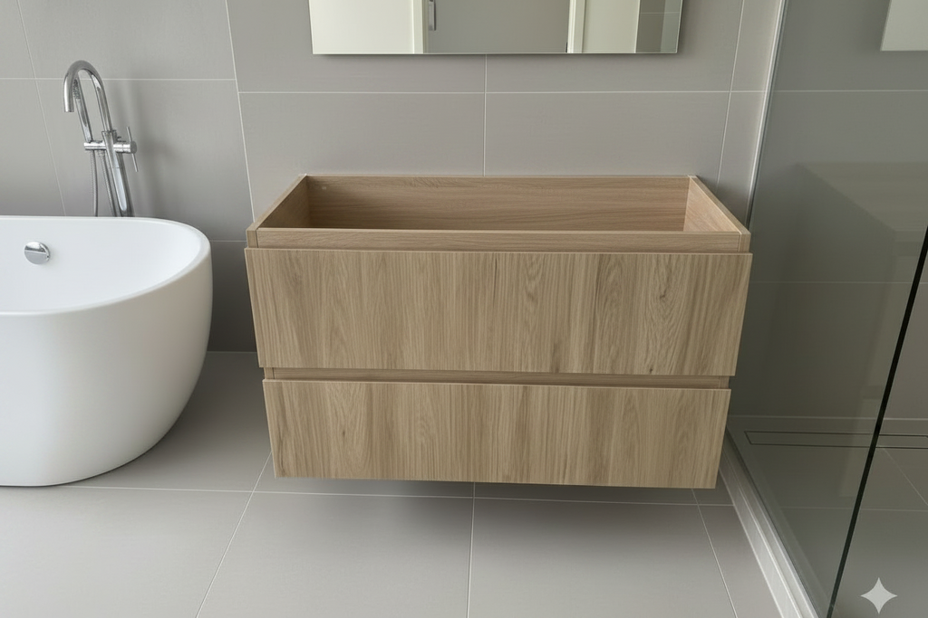 PLYWOOD 600 WALNUT FLUTED WALL HUNG VANITY WITH CERAMIC TOP - BASE ONLY