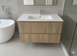 PLYWOOD 900 WALNUT FLUTED WALL HUNG VANITY WITH CERAMIC TOP