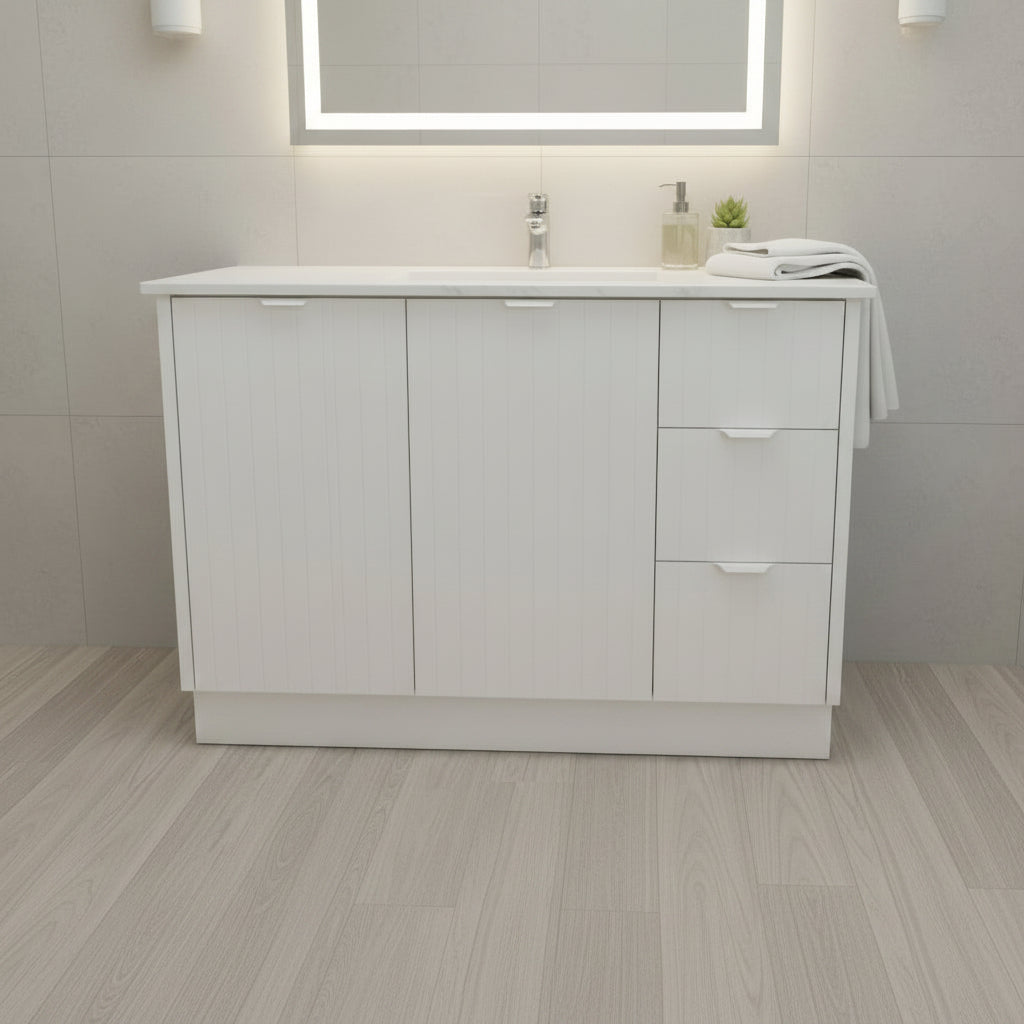 FLUTED WHITE HERITAGE 1200 VANITY 2 DOOR 3 DRAWER WITH CERAMIC TOP