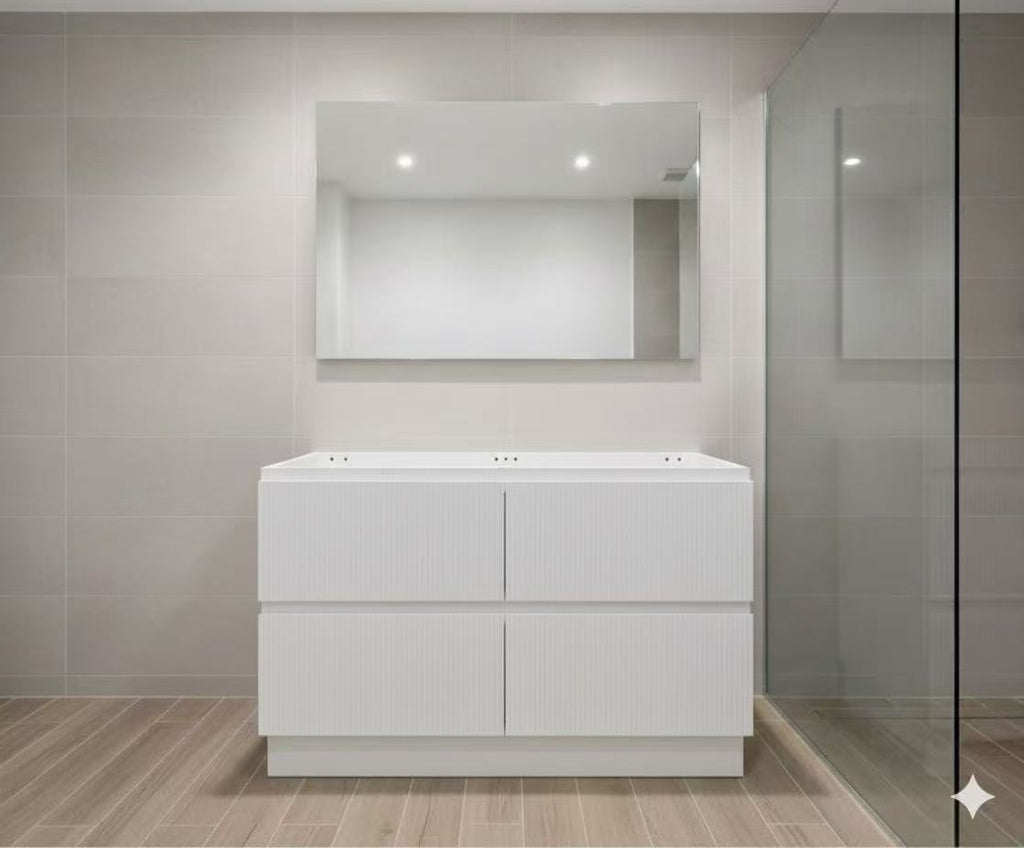 PLYWOOD 1200 MATTE WHITE FLUTED FLOOR STANDING VANITY (DOUBLE BASIN) - BASE ONLY