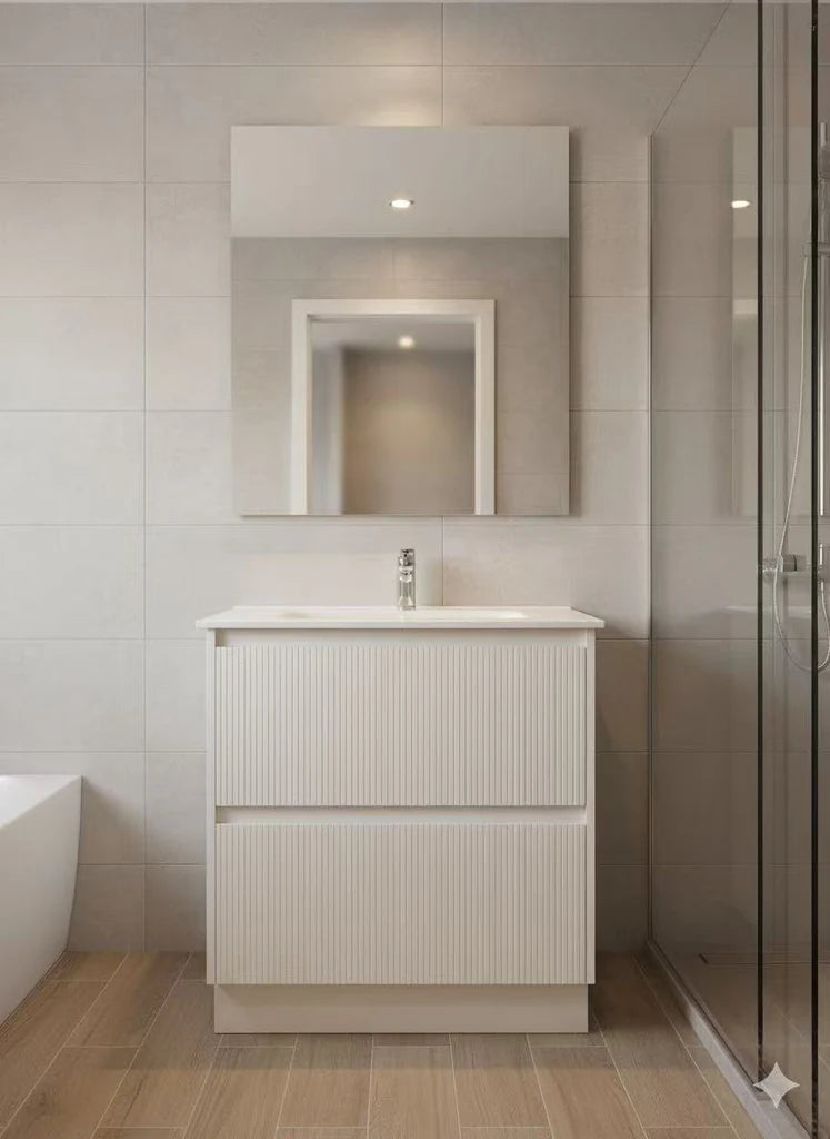 PLYWOOD 750 MATTE WHITE FLUTED FLOOR STANDING VANITY WITH CERAMIC TOP