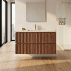 PLYWOOD 900 RIVIERA OAK FLUTED WALL HUNG VANITY WITH CERAMIC TOP