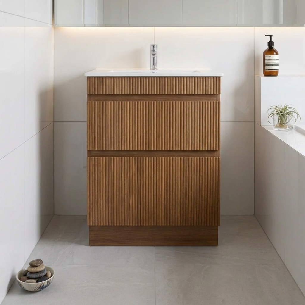 PLYWOOD 600 RIVIERA OAK SLIM FLUTED FLOOR STANDING VANITY WITH CERAMIC TOP