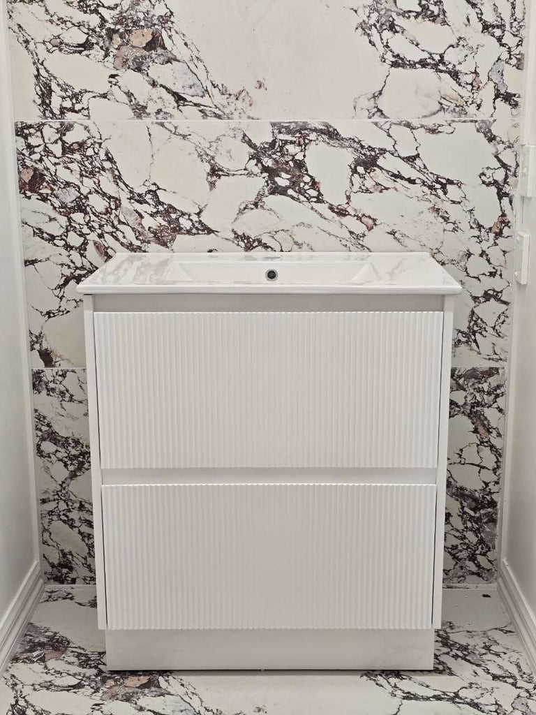 PLYWOOD 600 MATTE WHITE FLUTED FLOOR STANDING VANITY WITH CERAMIC TOP