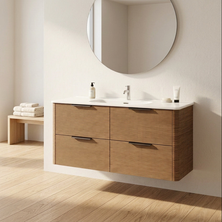 PLYWOOD 1200 RIVIERA OAK FLUTED 4 DRAWER WALLHUNG VANITY WITH CERAMIC TOP