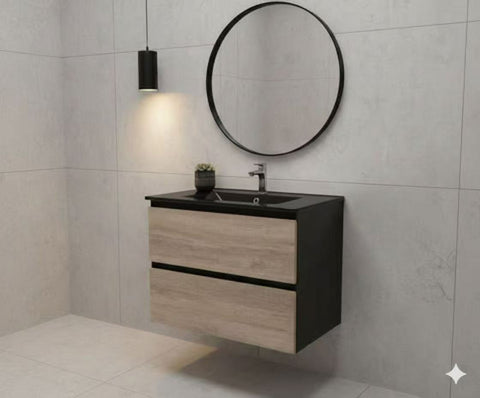 PLYWOOD 750 WALL HUNG VANITY BLACK LIGHT OAK WITH BLACK CERAMIC TOP