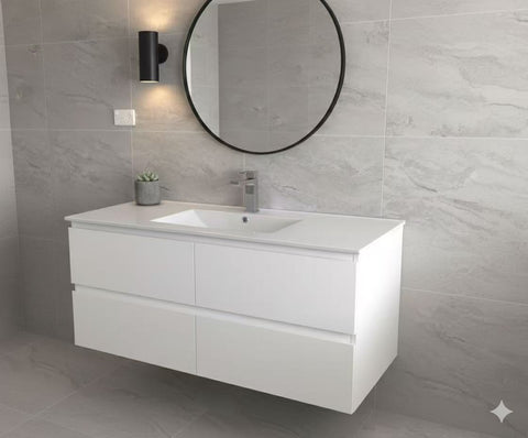 PLYWOOD 1200 WALL HUNG VANITY - WHITE WITH CERAMIC TOP SINGLE BASIN