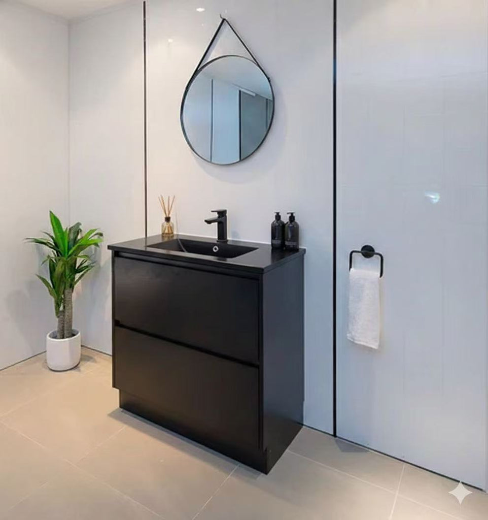 PLYWOOD POLO 750 DARK OAK FLOOR STANDING VANITY WITH BLACK CERAMIC TOP