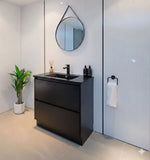 PLYWOOD POLO 750 DARK OAK FLOOR STANDING VANITY WITH BLACK CERAMIC TOP
