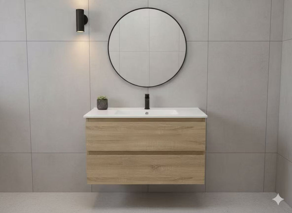 PLYWOOD NELSON LIGHT OAK 800 WALL HUNG VANITY WITH CERAMIC TOP