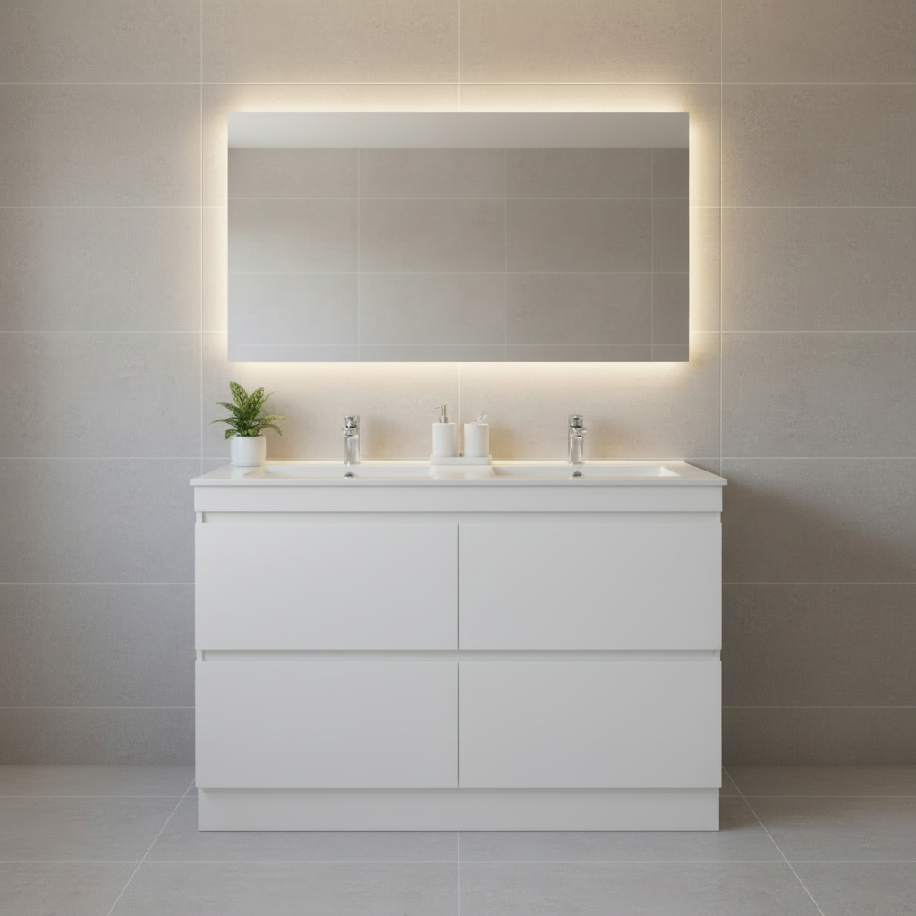 PLYWOOD POLO 1500 WHITE FLOOR STANDING VANITY (DOUBLE BASIN) WITH CERAMIC TOP