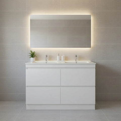 PLYWOOD 1200 FLOOR STANDING WHITE GLOSS VANITY WITH DOUBLE BASIN CERAMIC TOP