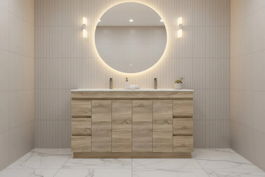 PLYWOOD MADRID 1500 LIGHT OAK FLOOR STANDING VANITY (DOUBLE BASIN) WITH CERAMIC TOP