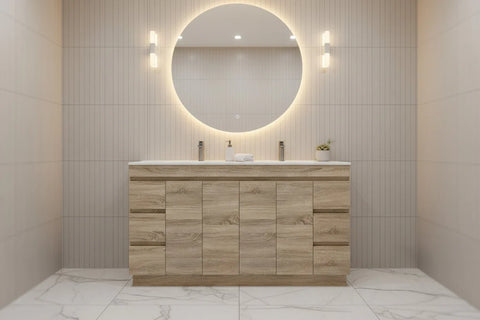 PLYWOOD MADRID 1500 LIGHT OAK FLOOR STANDING VANITY (DOUBLE BASIN) WITH CERAMIC TOP