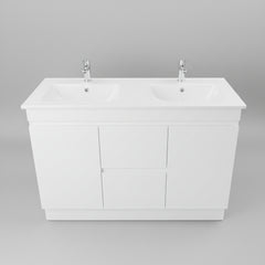 PLYWOOD 1200 WHITE FLOOR STANDING VANITY 2 DRAWERS 2 DOORS (DOUBLE BASIN) WITH CERAMIC TOP
