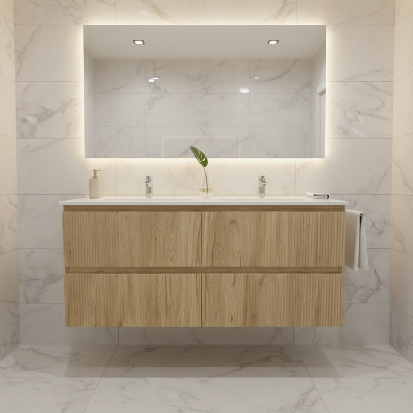 PLYWOOD 1200 WALNUT FLUTED WALL HUNG VANITY (DOUBLE BASIN) WITH CERAMIC TOP
