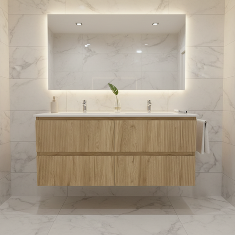 PLYWOOD 1200 WALNUT FLUTED WALL HUNG VANITY (DOUBLE BASIN) WITH CERAMIC TOP