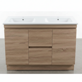 PLYWOOD 1200 LIGHT OAK FLOOR STANDING VANITY 2 DRAWERS 2 DOORS (DOUBLE BASIN) WITH CERAMIC TOP
