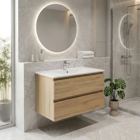 PLYWOOD 900 NELSON LIGHT OAK WALL HUNG VANITY WITH CERAMIC TOP