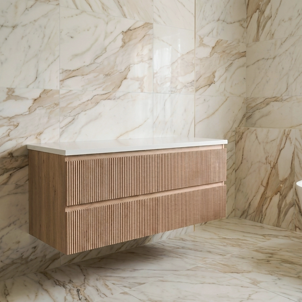 PLYWOOD 1500 WALNUT FLUTED WALL HUNG VANITY (SINGLE BASIN) - BASE ONLY
